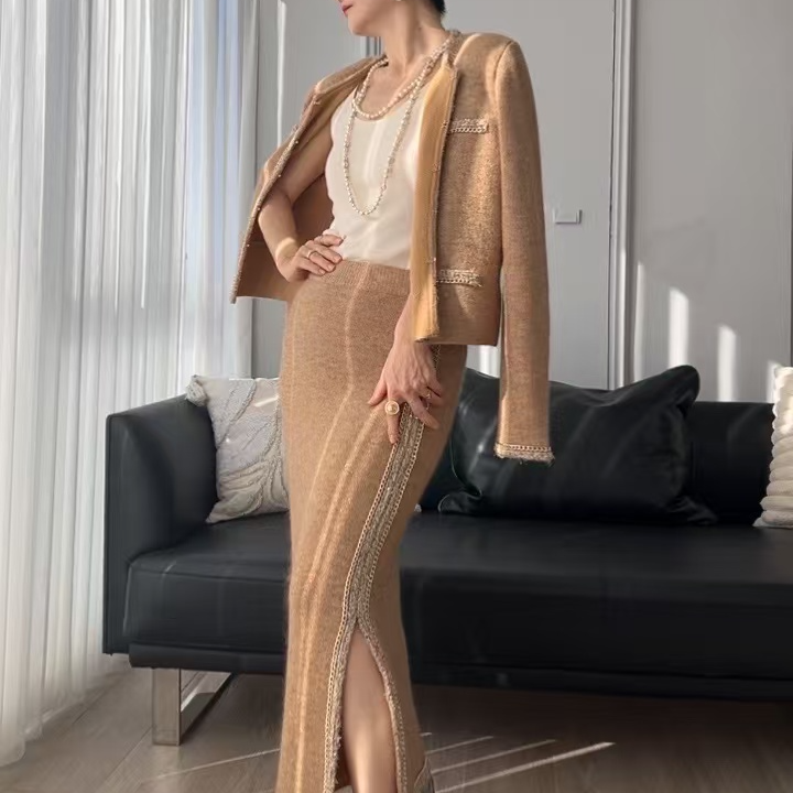 气质时尚针织显瘦轻奢百搭设计师开叉高腰套装245597