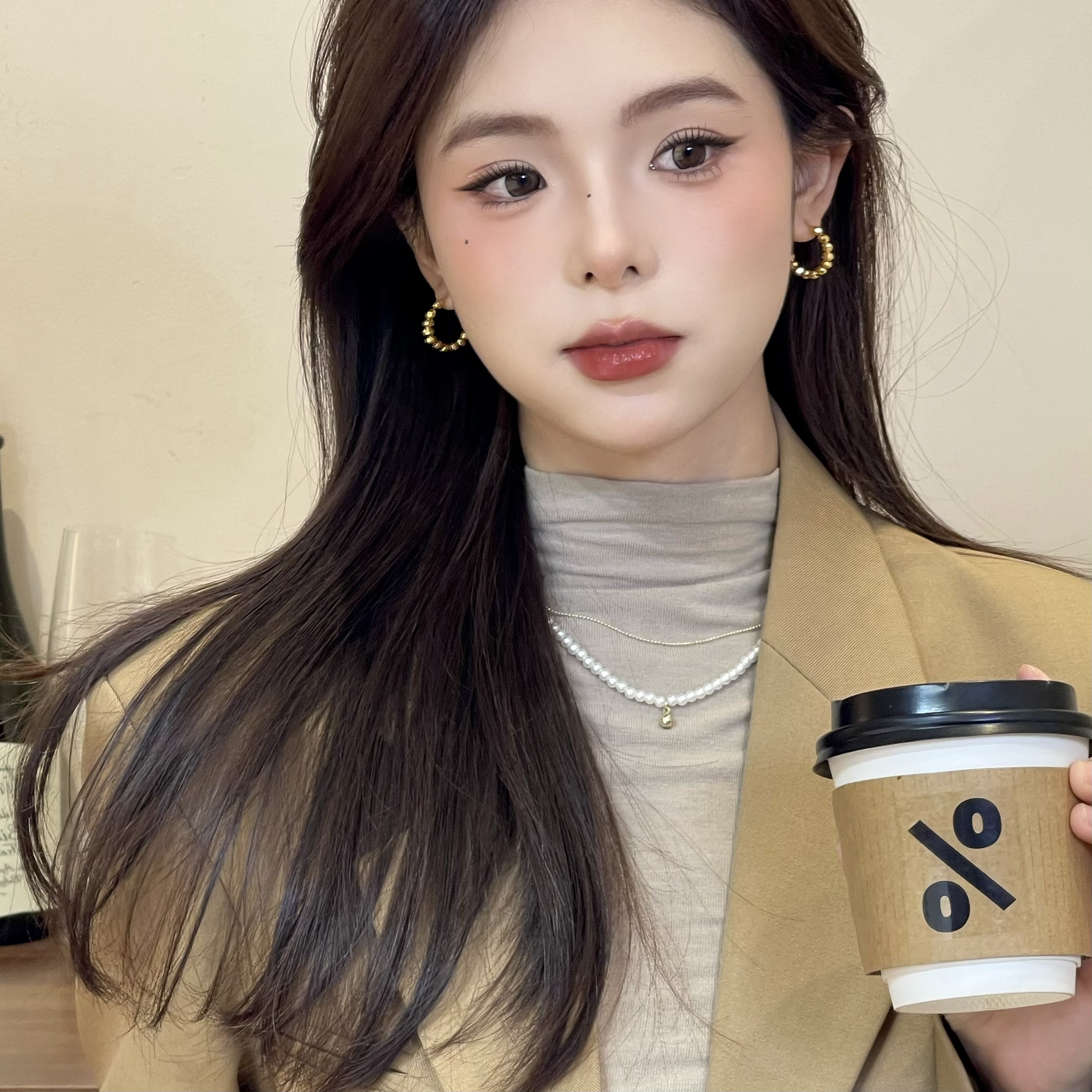  W733金色时来运转珠珠耳扣百搭高级温柔气质小众个性