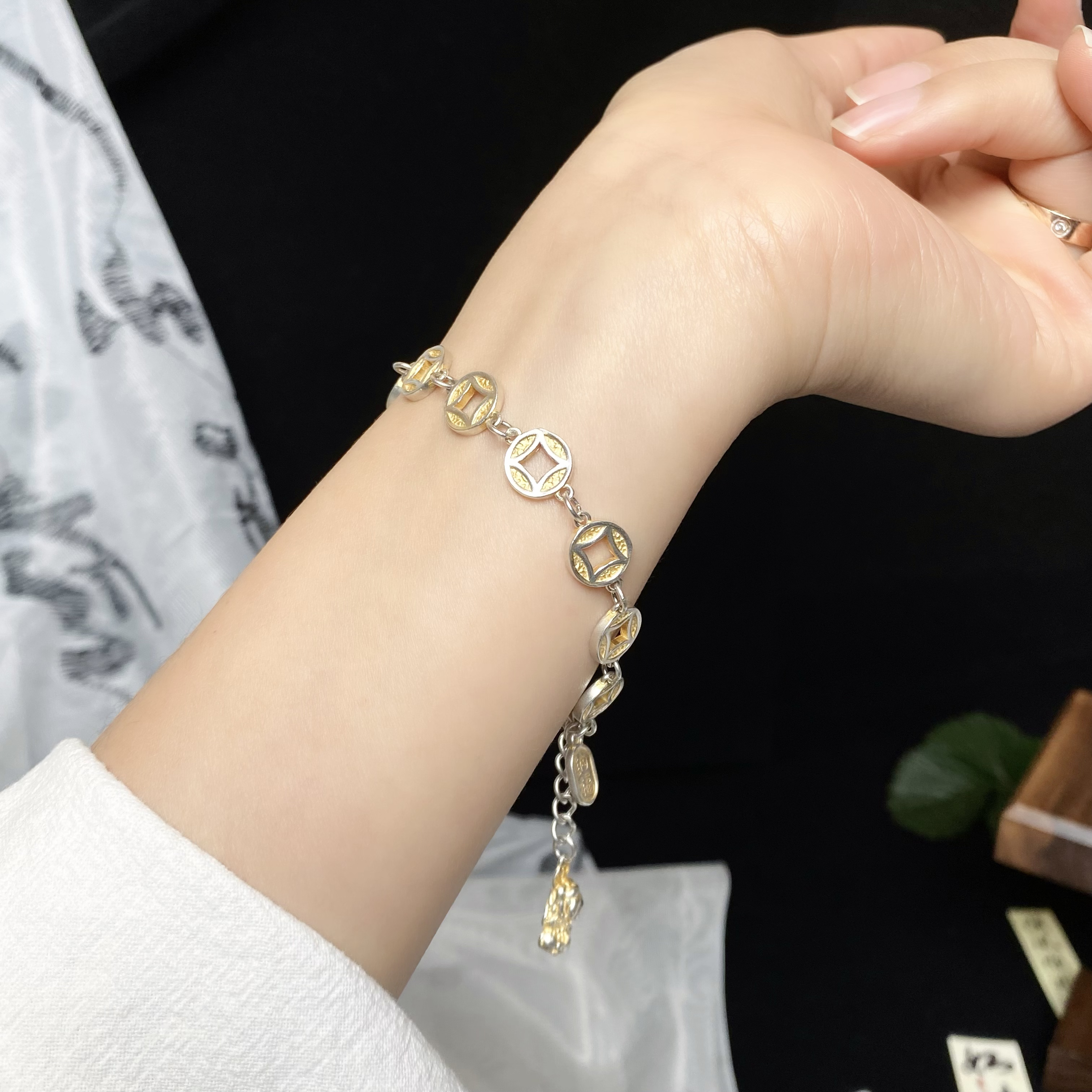 足银手链 铜钱貔貅描金 足银999.9足银百搭叠戴手链复古气质手工