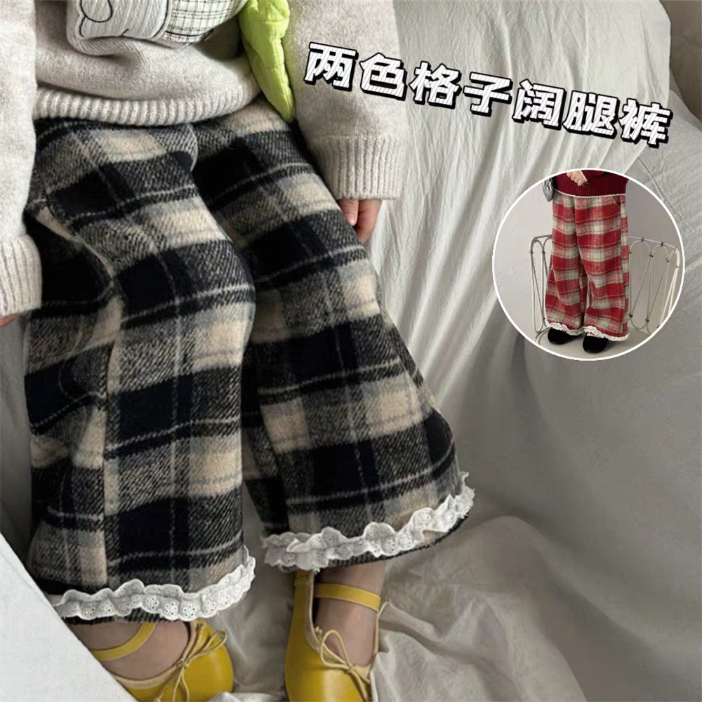 90-130码儿童格子裤2024冬季新款韩版女童加厚直筒长裤子宽松裤