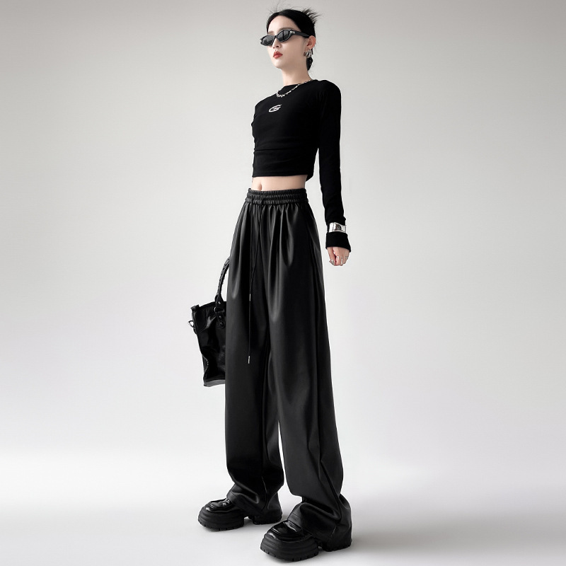 黑色皮裤女春秋季2024新款复古pu皮直筒显瘦秋冬高腰垂感阔腿裤子