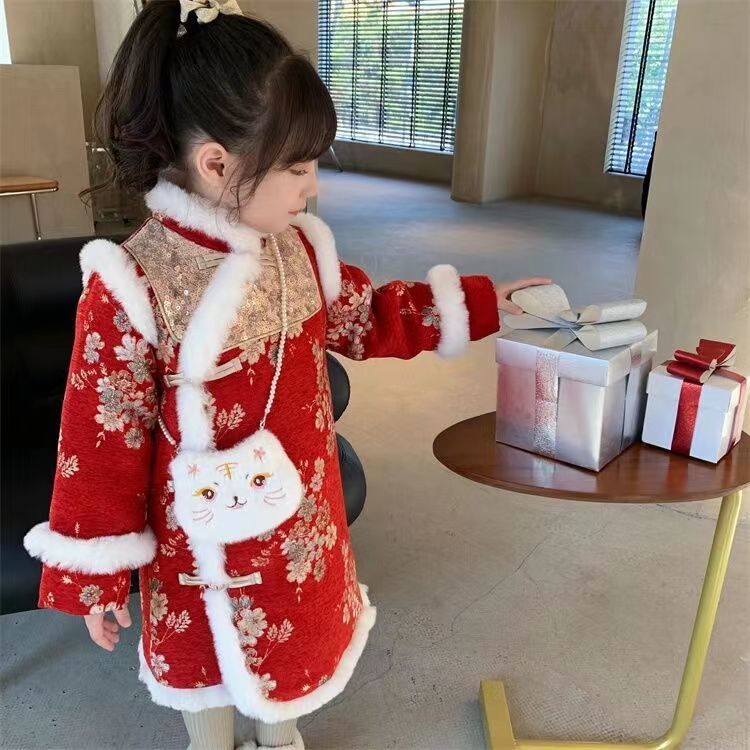 女童旗袍冬装2024新款儿童中国风唐装拜年服加厚夹棉小女孩连衣裙