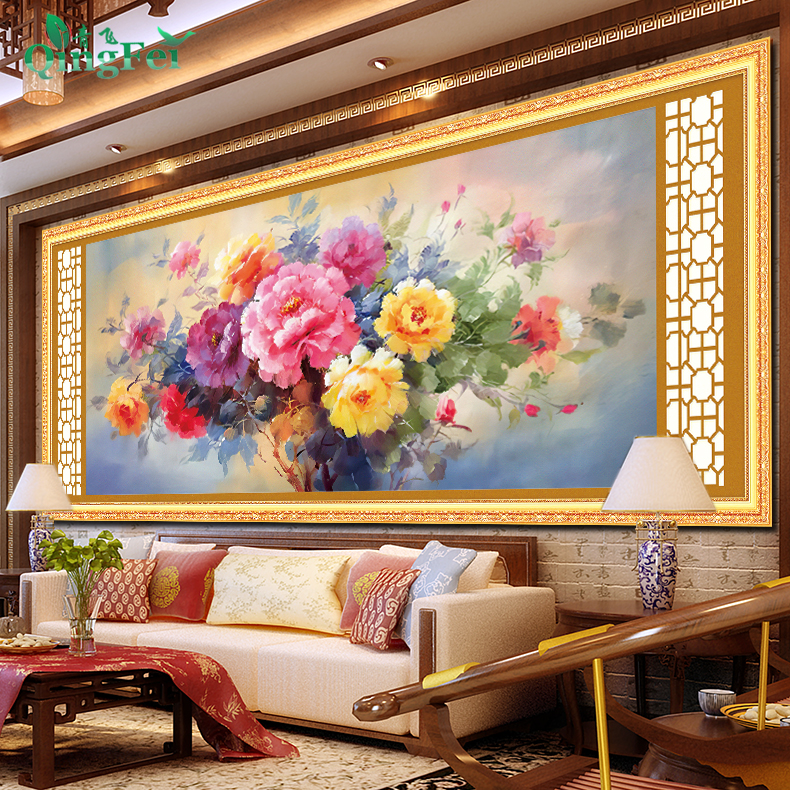 青飞精准印布牡丹手工刺绣国色天香十字绣百花齐放牡丹花大幅挂画