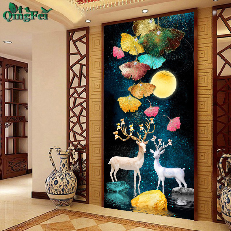 青飞精准十字绣轻奢银杏麋鹿玄关画发财鹿手工刺绣客厅装饰E182