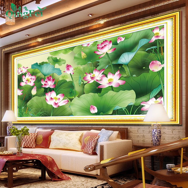 青飞新中式红荷映日十字绣新款荷花含苞待放挂画越南柬埔寨E252