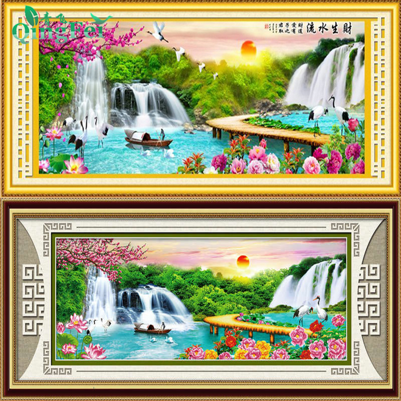 青飞5D精准印花十字绣流水生财有道客厅风景画山水装饰有钻石画
