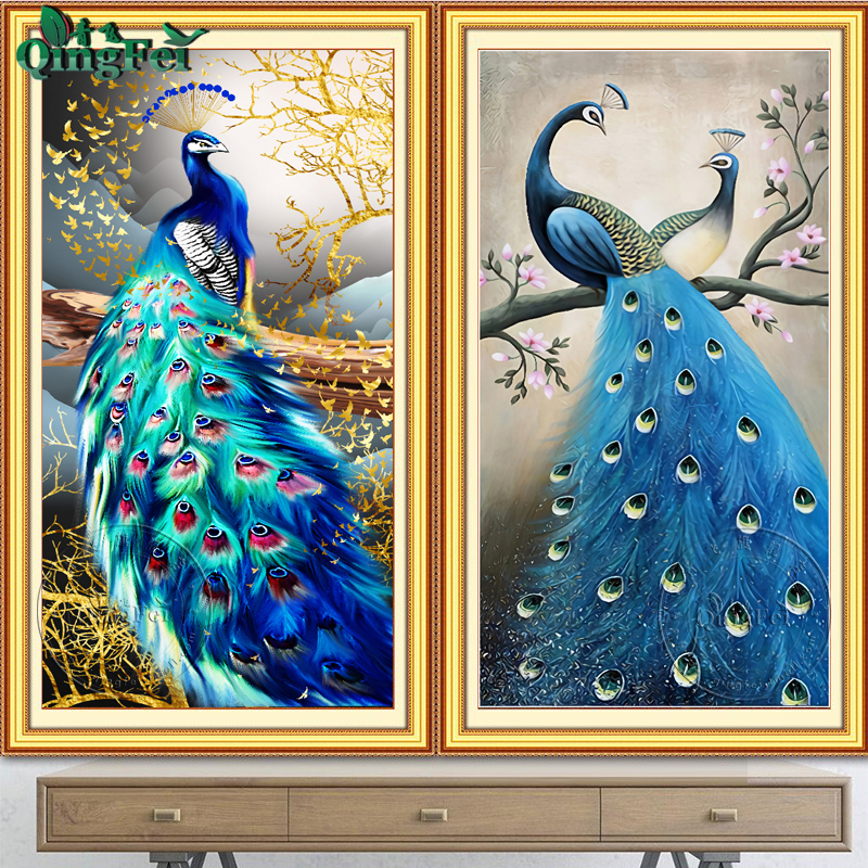 青飞精准印布蓝孔雀竖版十字绣客厅玄关画手工diy线绣越南柬埔寨
