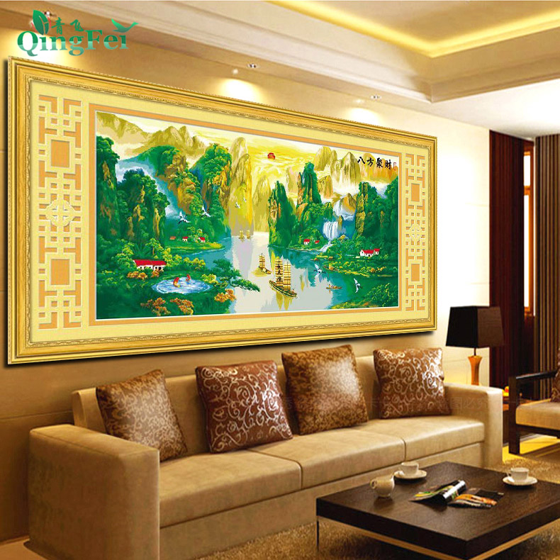 青飞八方聚财聚宝版十字绣八方聚财财运版仙鹤帆船日出客厅