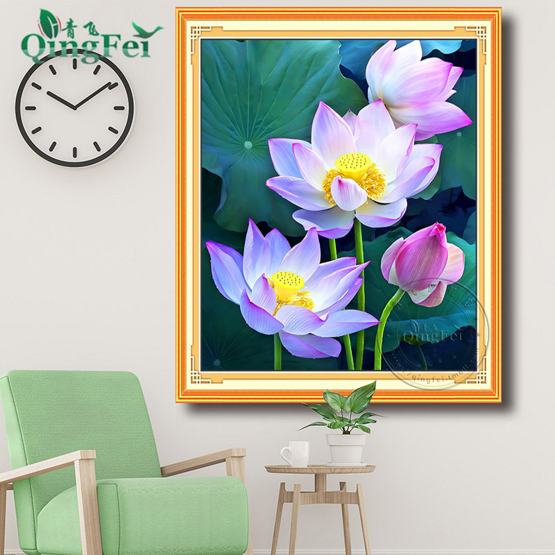 青飞精准印布十字绣含苞待放客厅简约现代轻奢荷花手工刺绣E213