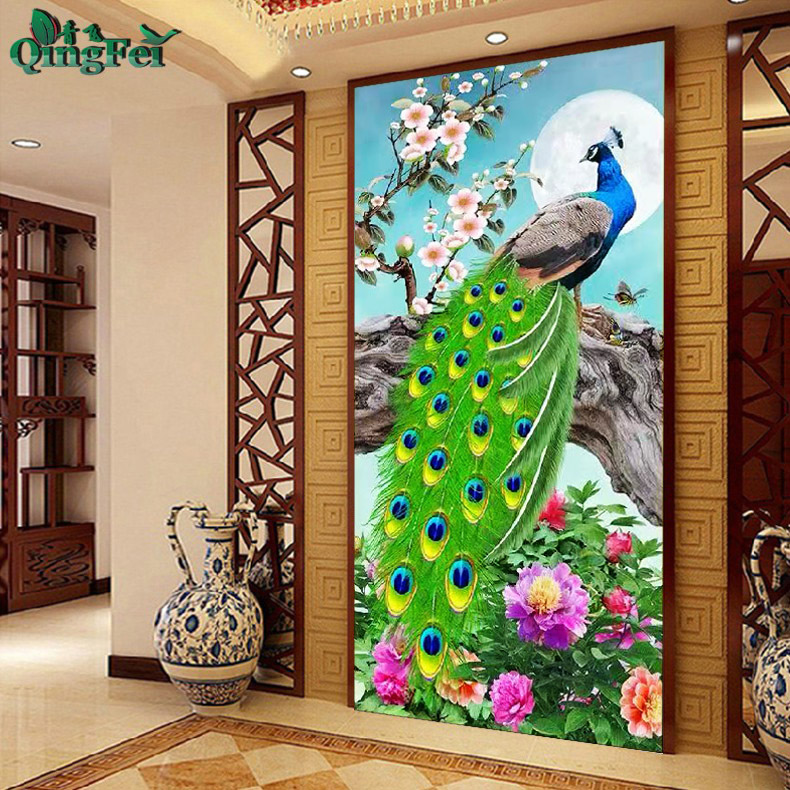 青飞精准花好月圆绿光森林十字绣孔雀牡丹富贵花开客厅玄关画E167