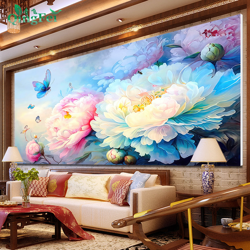 青飞碟戏牡丹十字绣新款牡丹花简约现代客厅满绣越南有钻石画E279