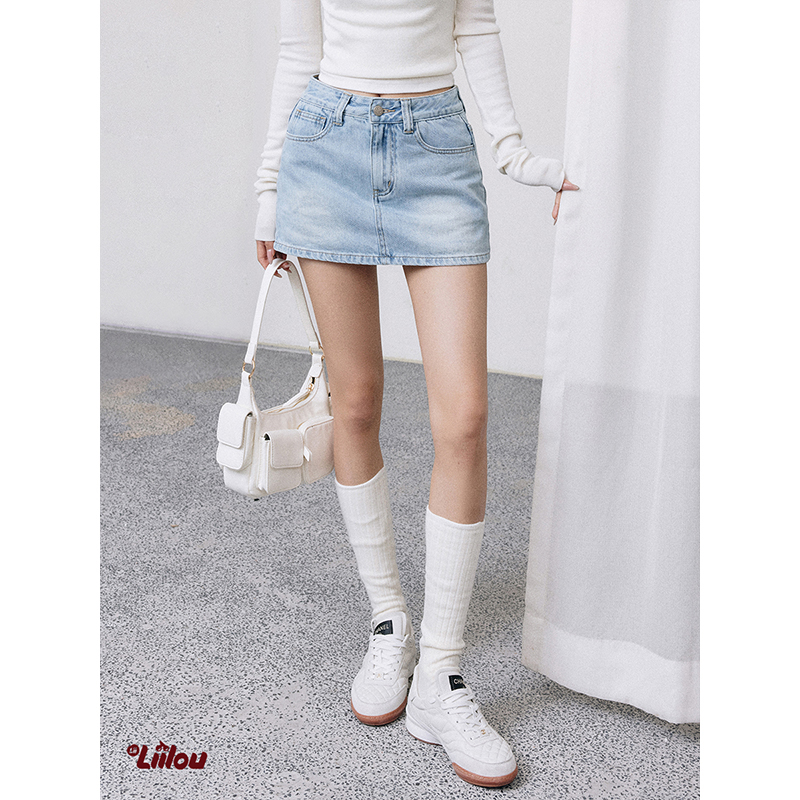 Liilou retro jeans 精选舒适水洗牛仔直筒短半裙