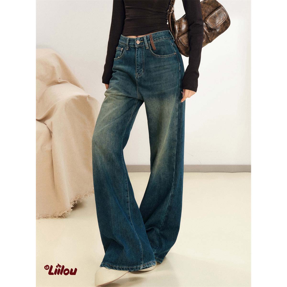 Liilou retro jeans 做旧猫须划痕马骝 宽松拖地牛仔裤