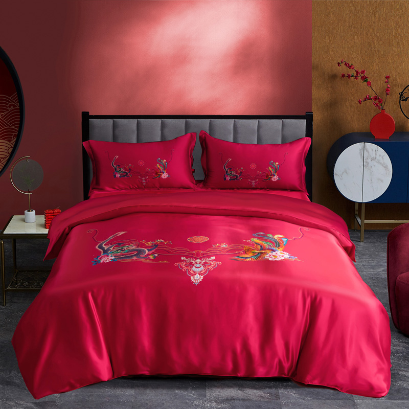100%桑蚕丝丝绸四件套 中式婚庆被套双面绸缎套件 结婚大红色床品
