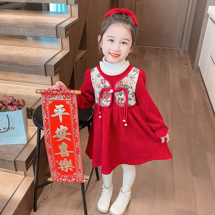 女宝宝国风年服连衣裙女童加绒假两件时髦拜年服女宝宝公主连衣裙