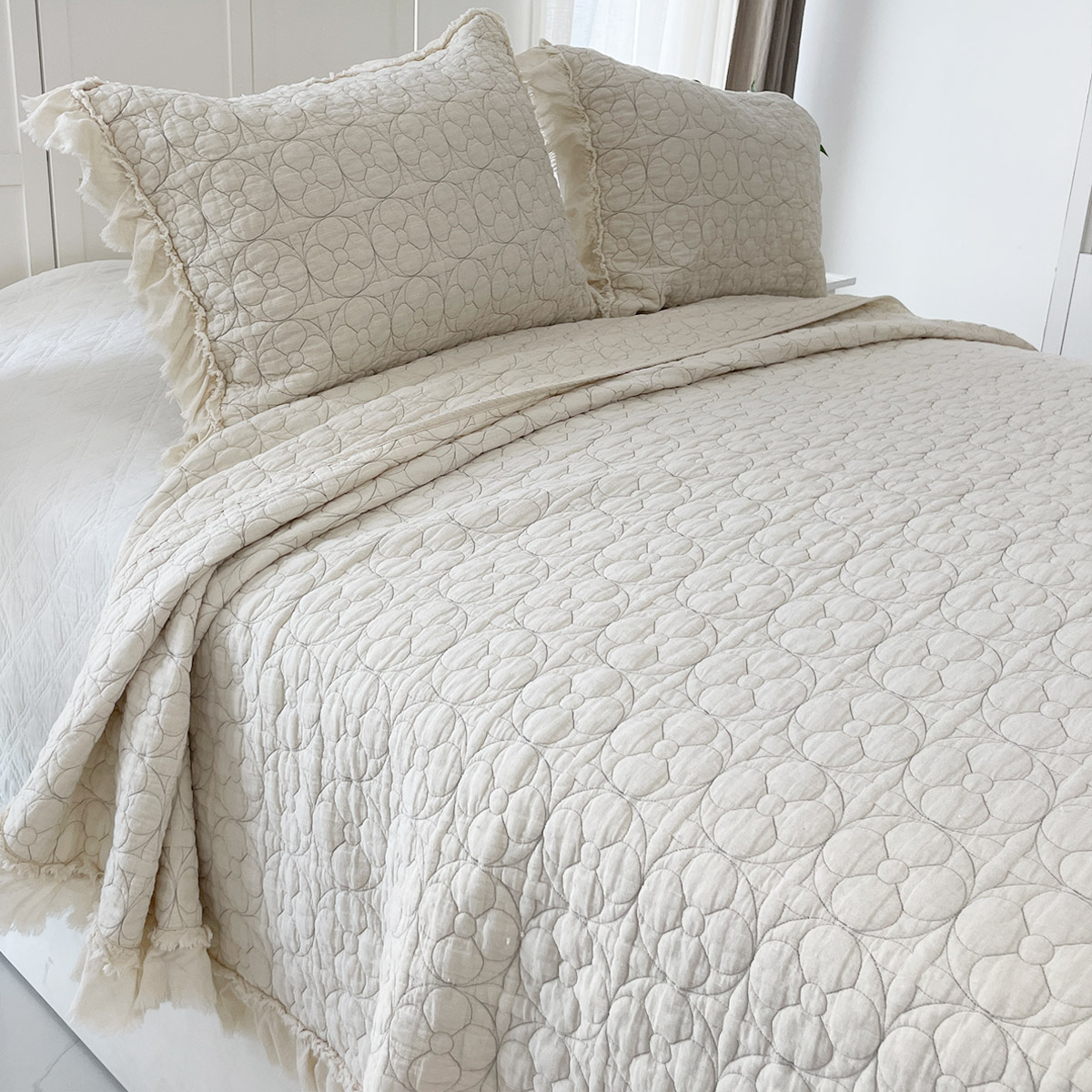 【太匆匆】棉布飞边绗缝被盖床盖枕套三件套