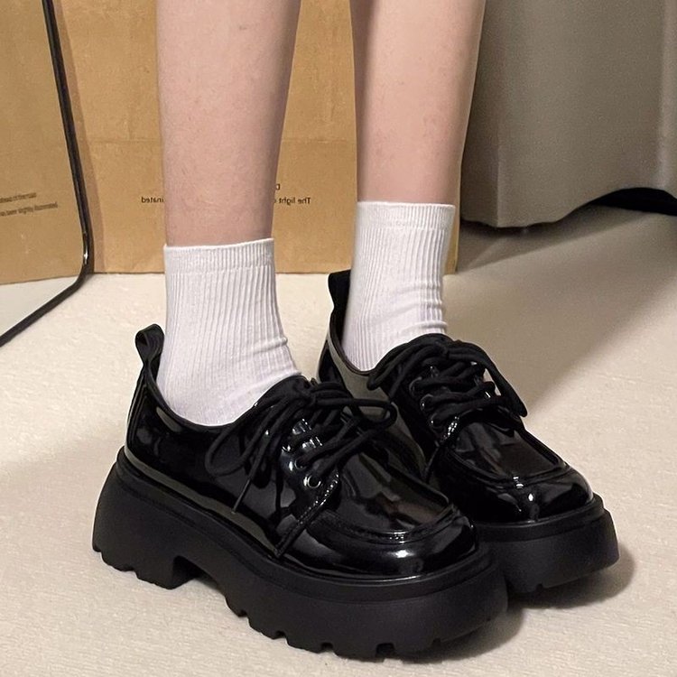 圆头乐福鞋2023新款春秋百搭松糕乐福鞋爆款英伦风厚底小皮鞋女