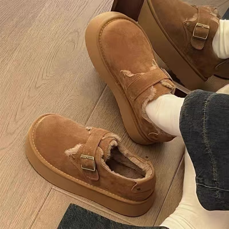 厚底勃肯鞋2024冬季女鞋单鞋一脚蹬圆头复古乐福鞋增高百搭豆豆鞋