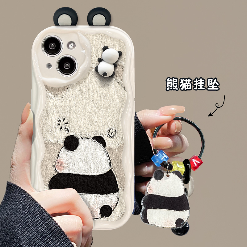 适用苹果14promax手机壳iPhone15可爱卡通熊猫公仔支架挂坠13情侣
