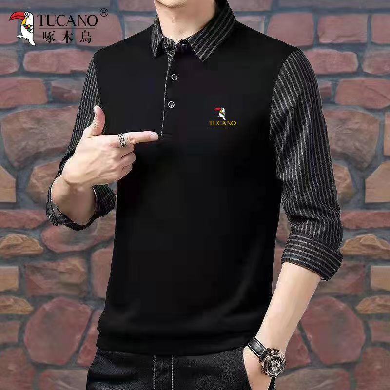 啄木鸟秋冬款男士针织长袖假两件衬衫翻领加绒加厚中青年免烫衬衣