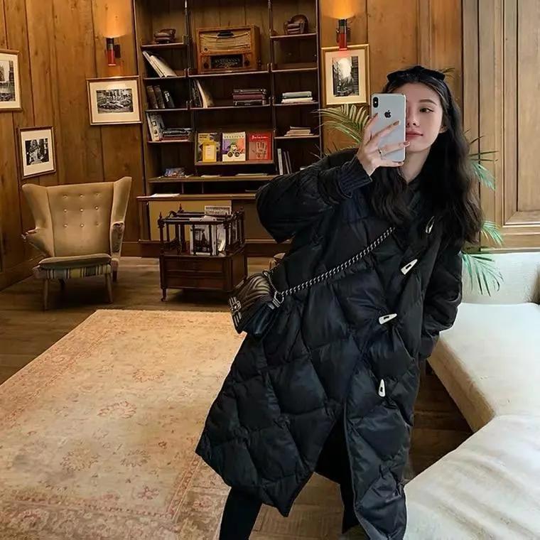2023新款羽绒服牛角扣中长款菱形格羽绒服冬季新款小个子轻薄白鸭
