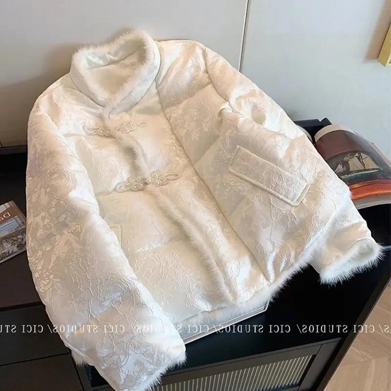 新中式国风提花拼接水貂毛羽绒服2023女冬时尚保暖加厚盘扣外套羽