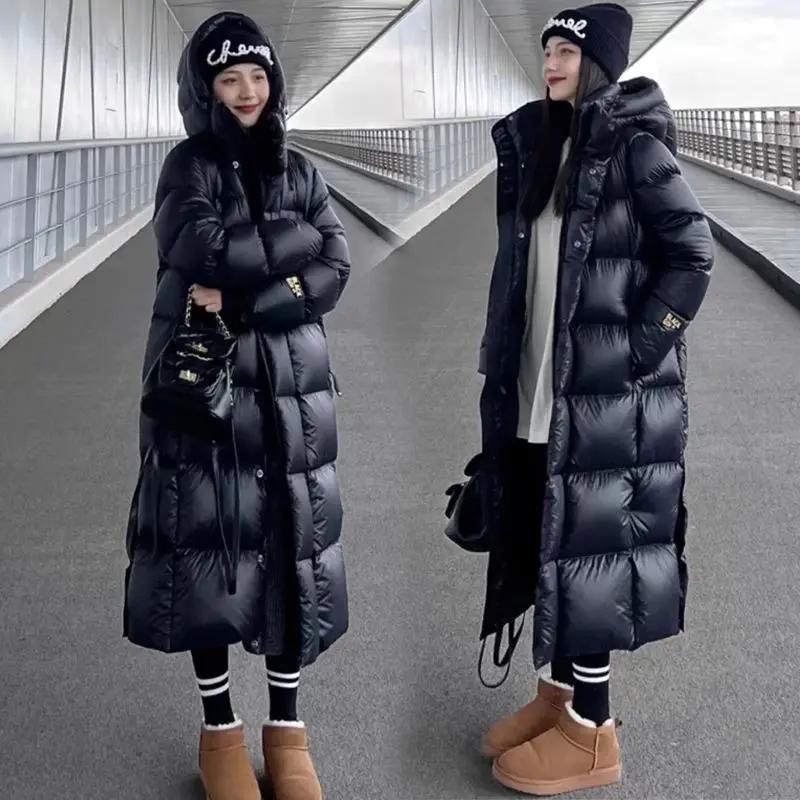 新款黑金羽绒羽绒棉服长款加厚过膝过膝男女情侣款黑色亮面免羽绒