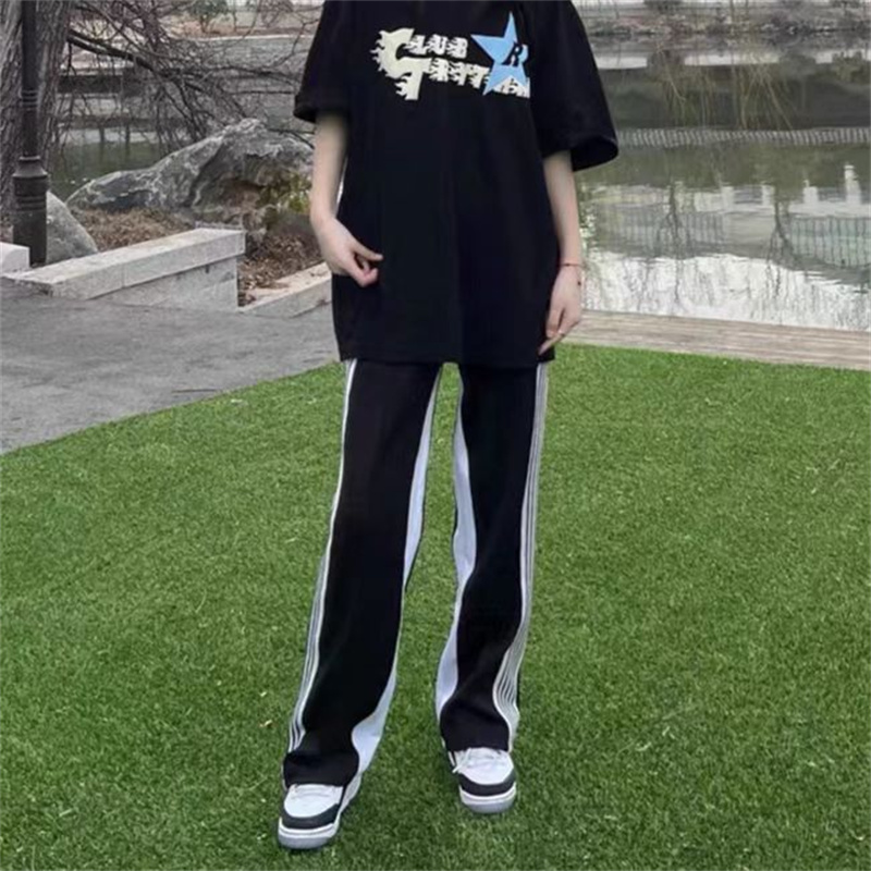 织带条纹直筒宽松长裤ins休闲裤百搭运动潮牌春夏裤子男女显瘦