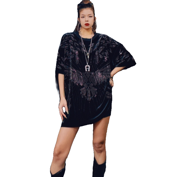 潮钰原创设计野鹰春款沙滩时尚休闲欧美宽松高定暗黑烫钻黑色T恤