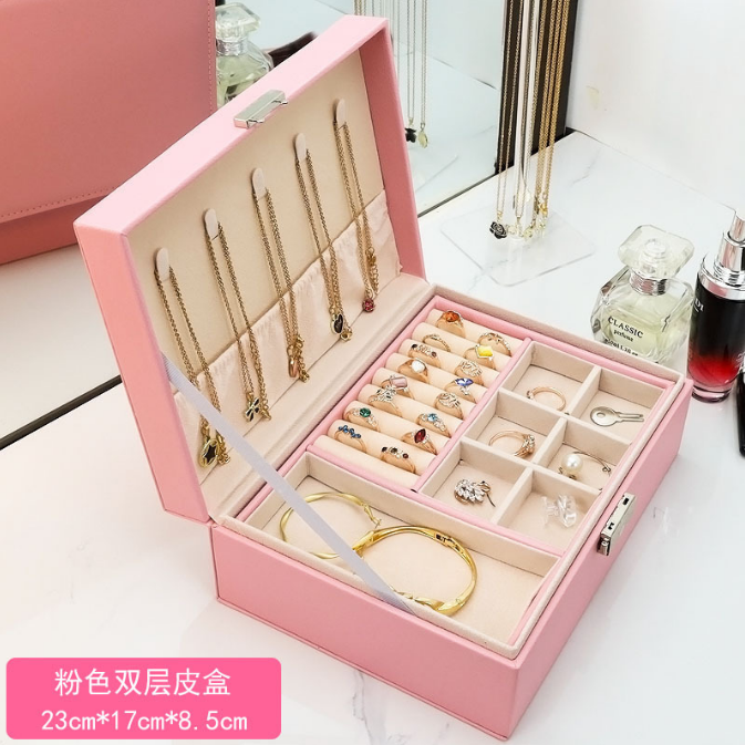 大容量木质奢华收纳盒多功能耳钉收纳带锁精致皮质分格首饰盒韩版