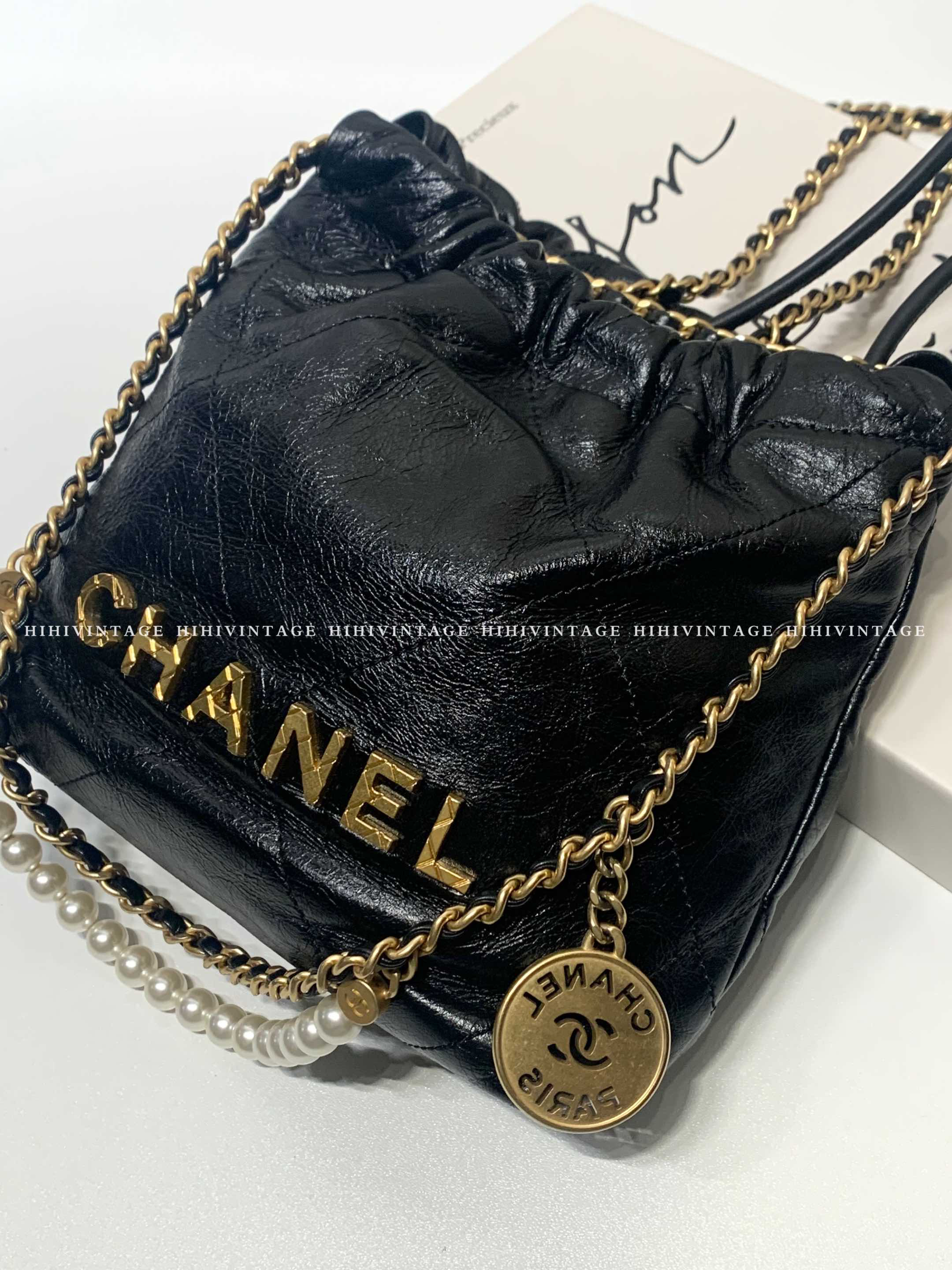 99新 Chanel/香奈儿 黑金mini珍珠链22bag芯片款/14342752