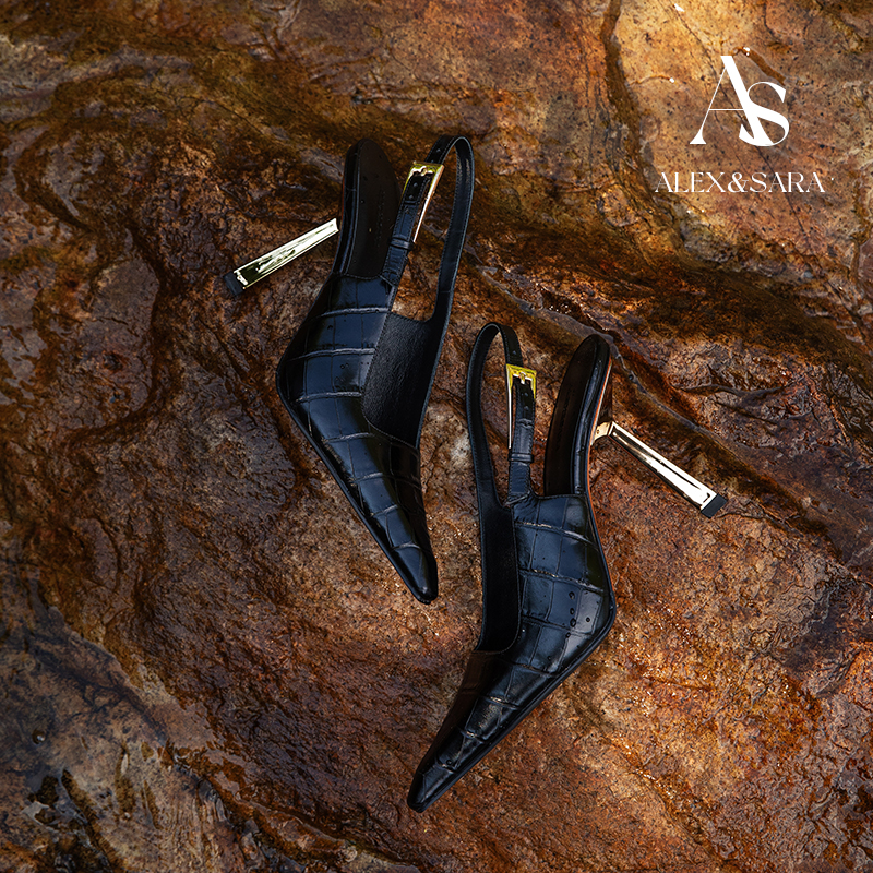 2025夏季新款 小方头金属跟高跟凉鞋鳄鱼纹包头细跟女鞋