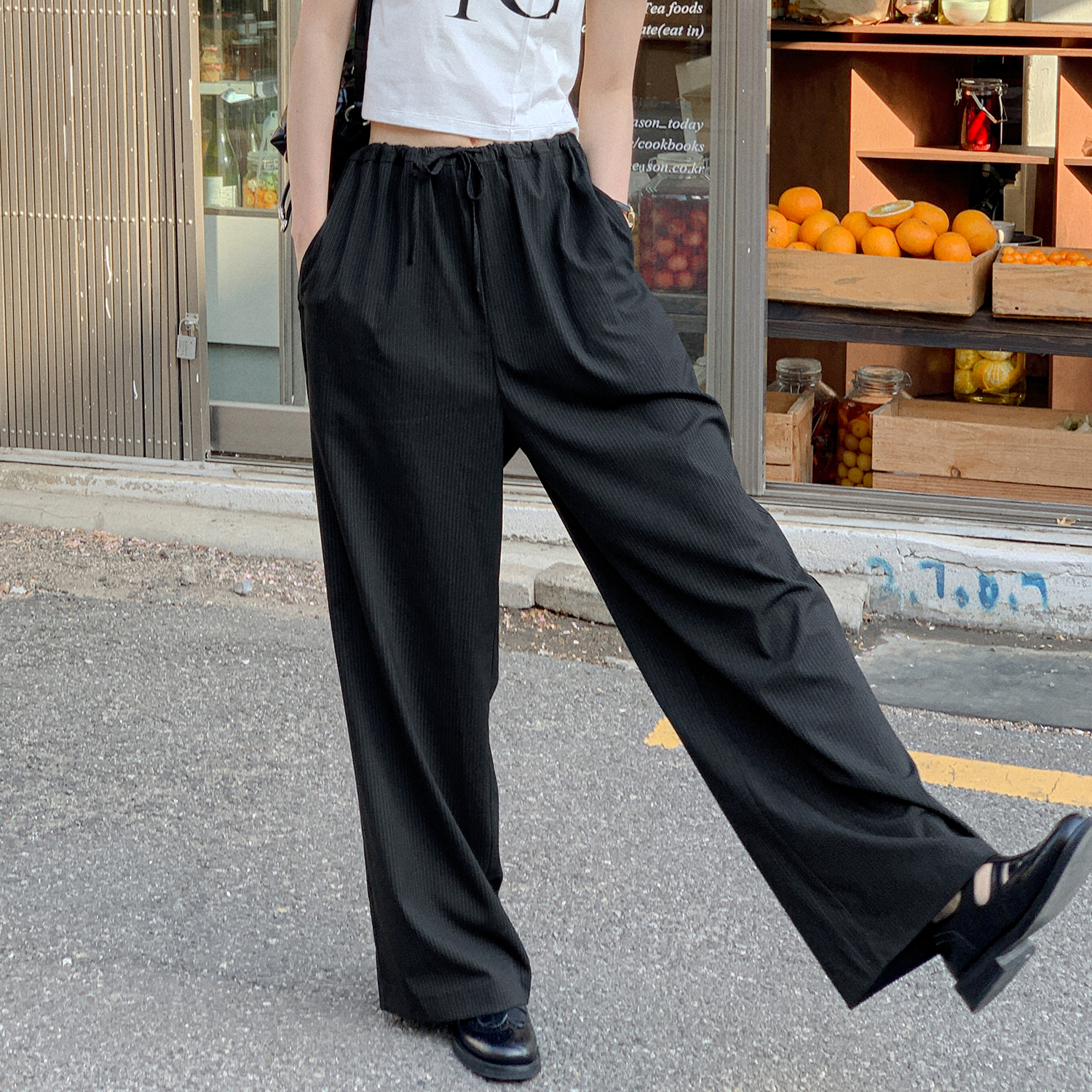 法儿家韩国限定【松弛线条】抽绳条纹直筒裤FS405X005【法儿专属】