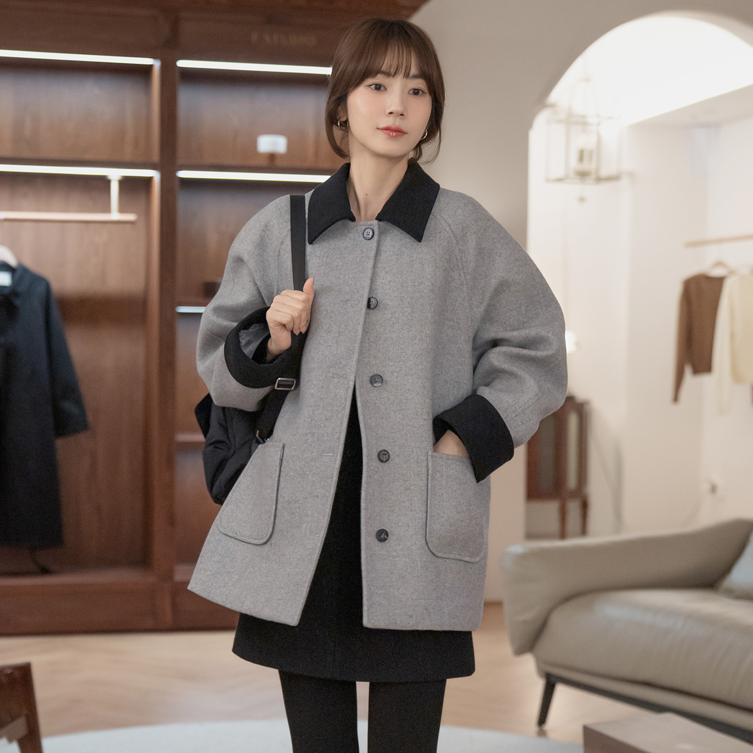 新品-【博主假期】FS408W010拼色单排扣呢子衣