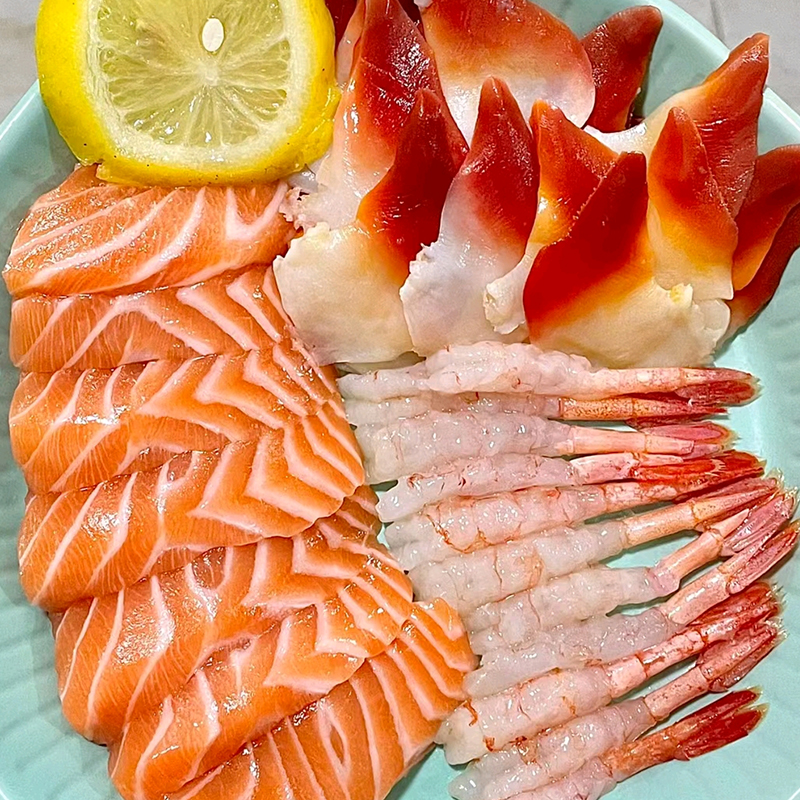 海泽鲜【刺身拼盘】挪威三文鱼200克+北极贝100克 +甜虾尾30尾