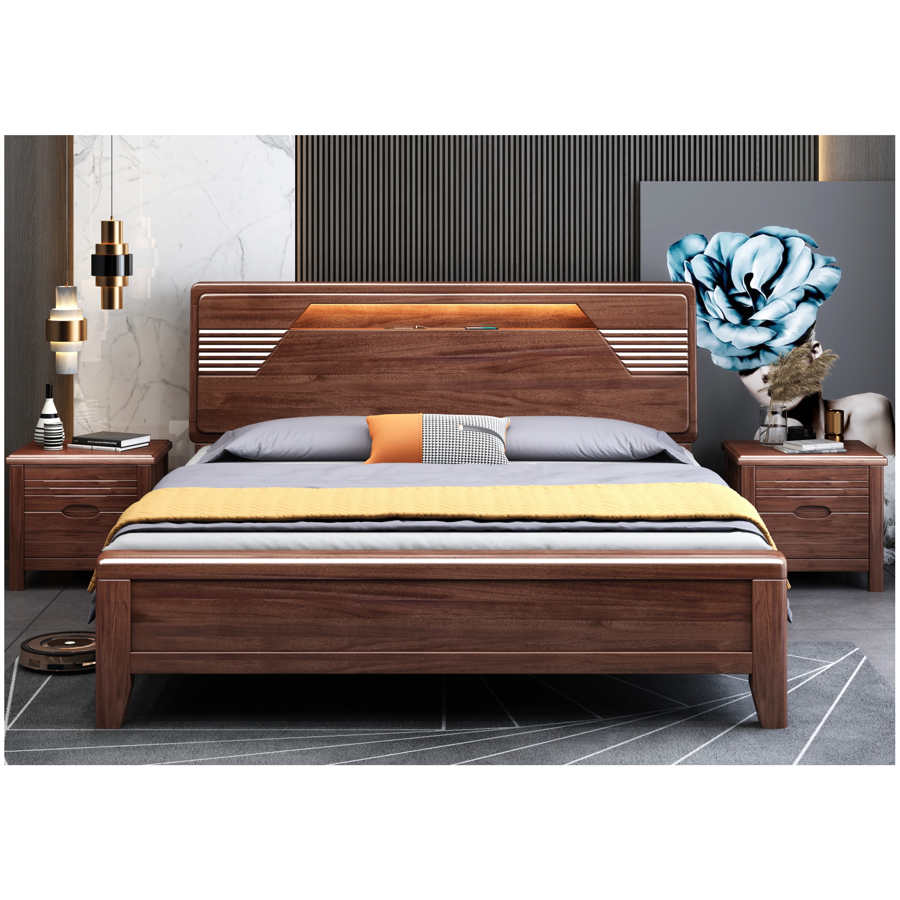 简约轻奢成套胡桃木实木1.5/1.8米双人储物气压大床主卧室家用