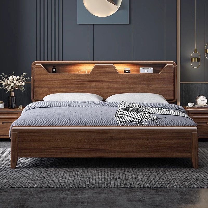 网红爆款胡桃木实木x2大床北欧双人1.8/1.5米储物x2大床