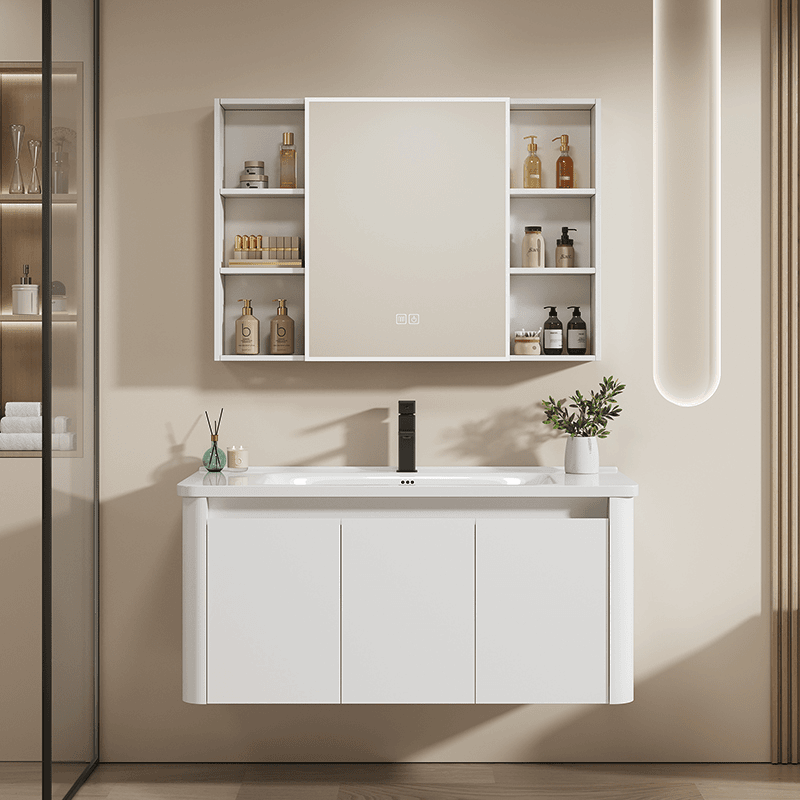 奶油白圆弧浴室柜卫生间陶瓷一体盆卫浴柜洗手台盆柜组合洗漱台盆