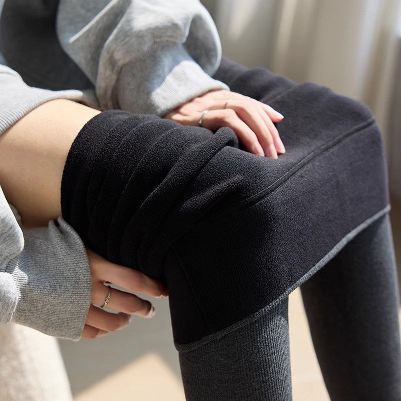 灰色加绒打底裤女外穿秋冬新款高腰收腹螺纹加厚无尴尬线棉芭比裤