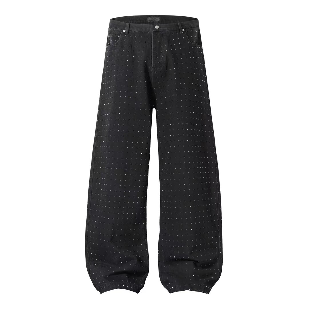 高腰宽松直筒牛仔裤美式街头风洗水重工设计