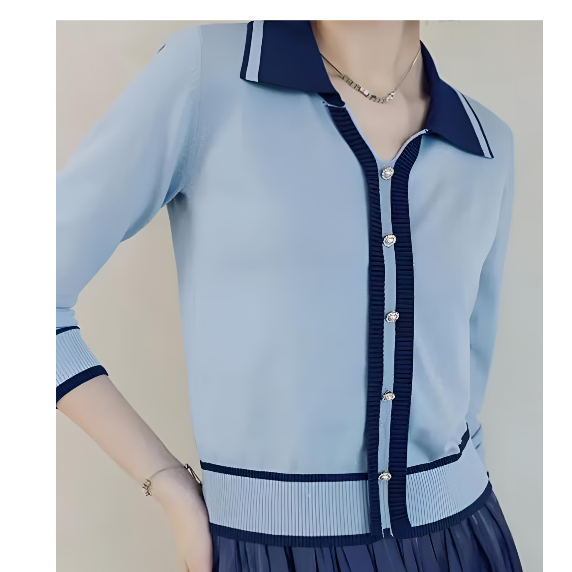 [476针织衫]气质洋气蓝色时尚减龄拼接撞色秋季女士小众翻领拼色