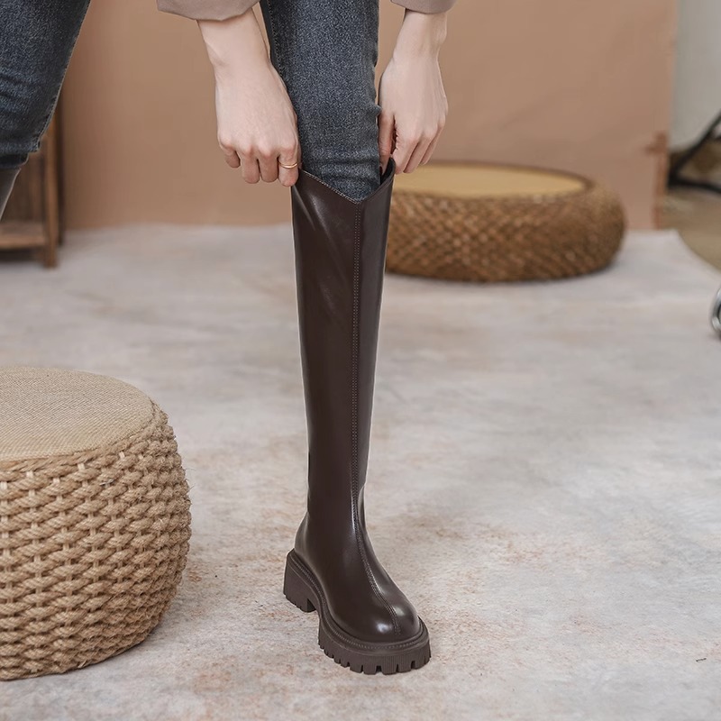 红蜻蜓牌~棕色长筒靴女V口2023秋冬新款筒高骑士靴显瘦不过膝长靴