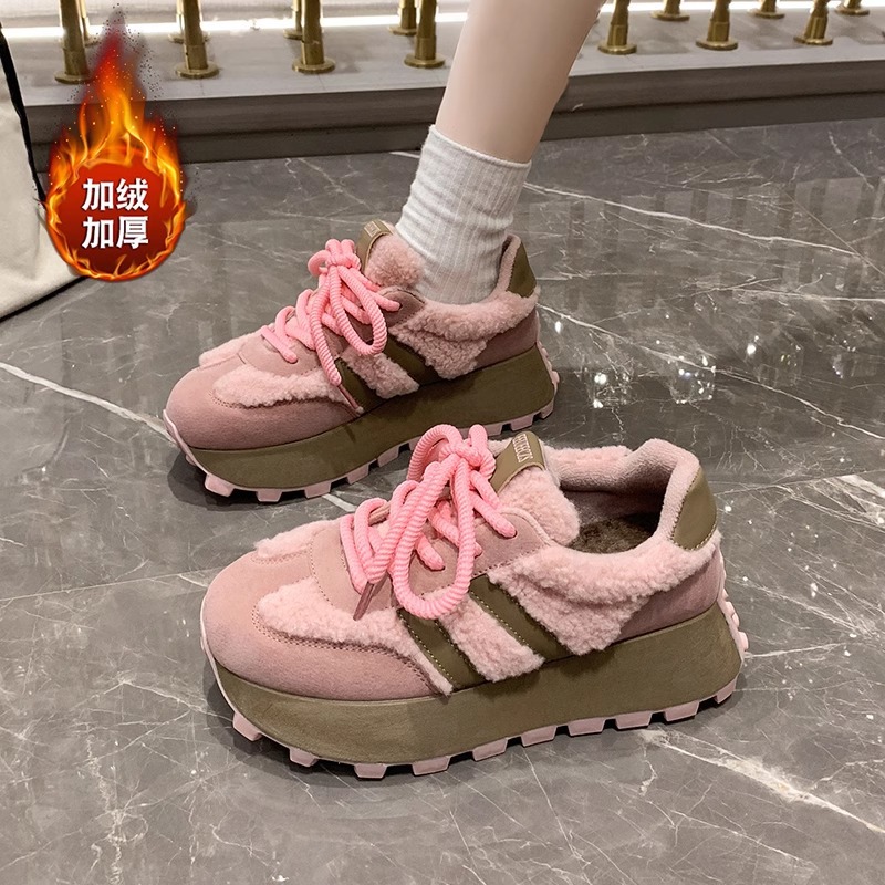 红蜻蜓牌加绒女鞋2023新款冬季厚底增高休闲运动鞋超火二棉鞋粉色