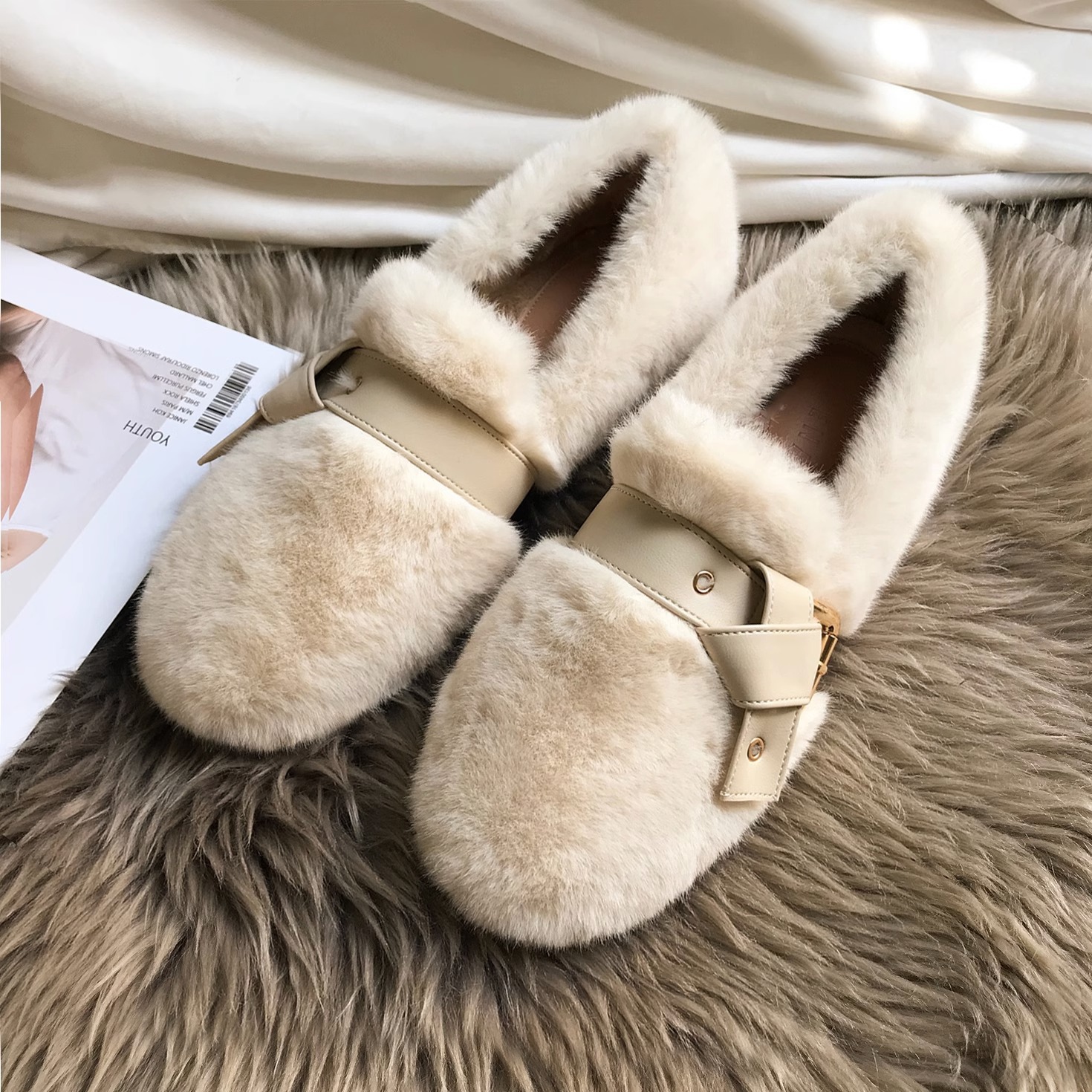 红蜻蜓牌内增高保暖仙女厚底加绒毛毛鞋女秋冬外穿一脚蹬网红貂毛