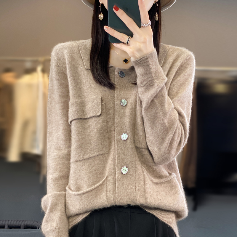 版型很棒！秋冬新款长袖POLO领带兜开衫提气质羊绒衫女