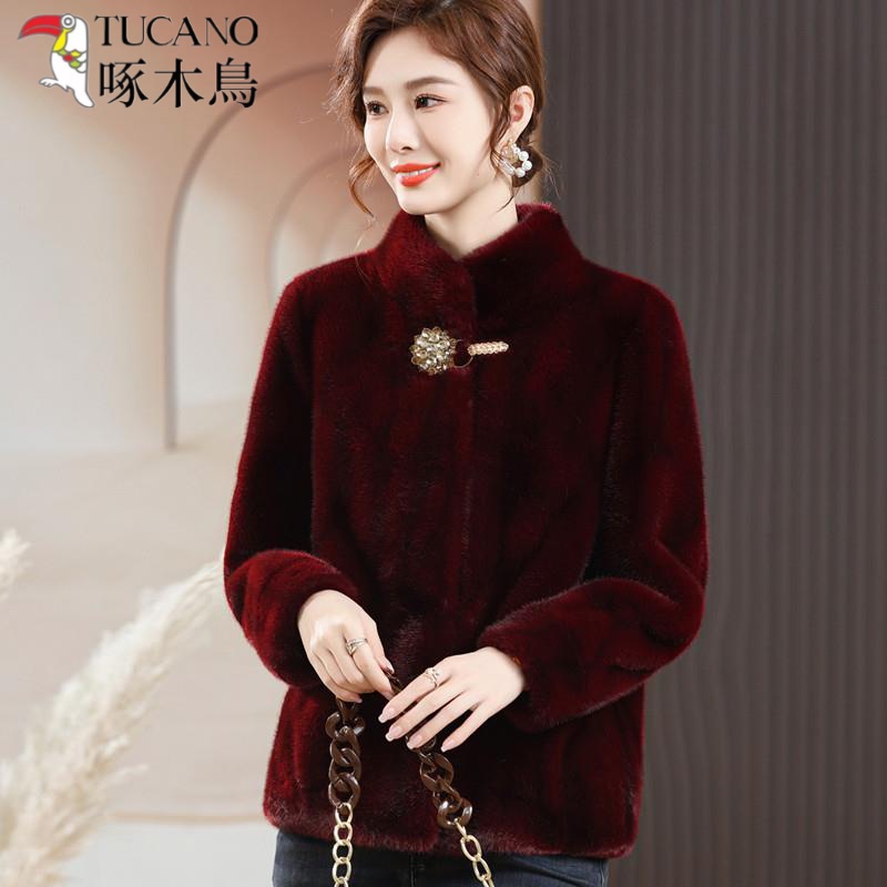 中年妈妈秋装水貂绒外套上衣中老年女秋冬大衣穿喜婆婆结婚宴礼服