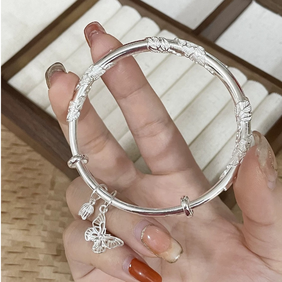 足银手镯 A831足银999.9繁花似锦实心年轻款手镯送女友生日礼物