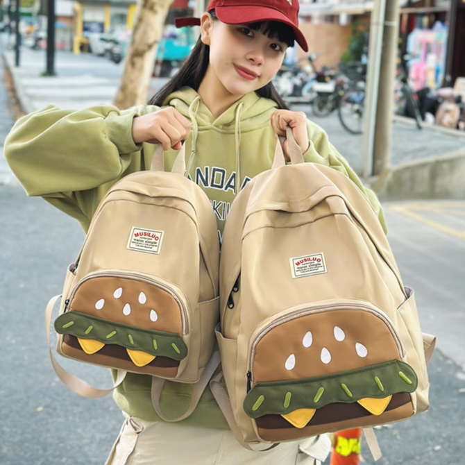 可爱卡通初中女生书包2025新款小众百搭汉堡背包大学生上课双肩包