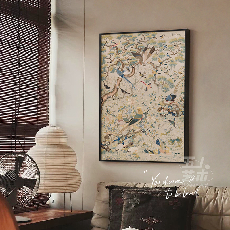 《春枝栖禽》法式中古风客厅装饰画中式玄关挂画复古餐厅客厅挂画