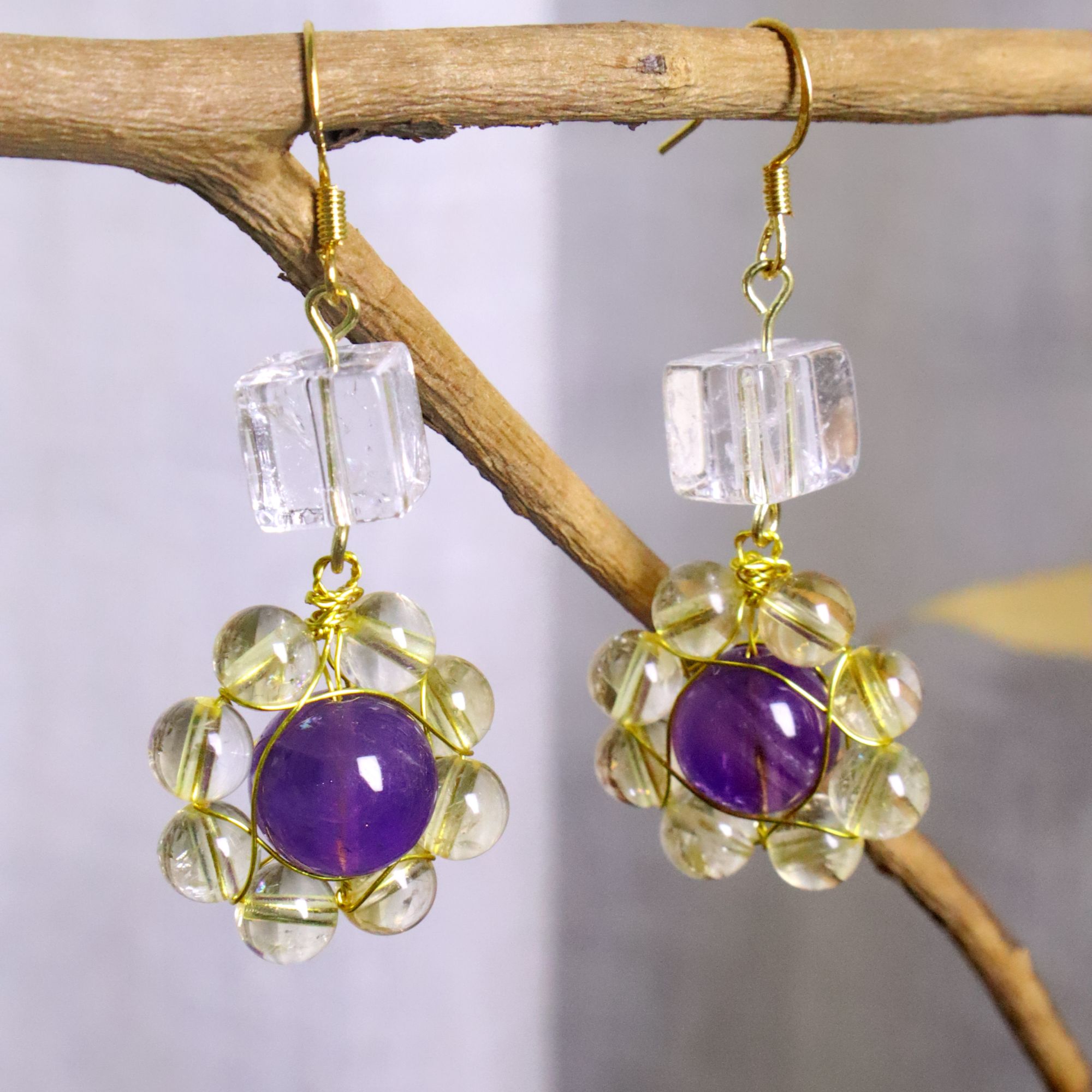 紫水晶黄水晶白水晶方糖手作耳环耳饰时尚百搭秋冬单品